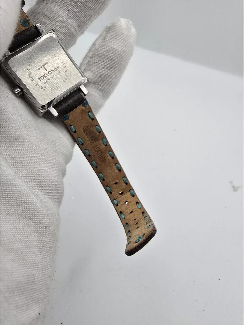 Tokyo Bay Blue Dial Square Quartz Watch with Brown Leather And Blue Stitch Band